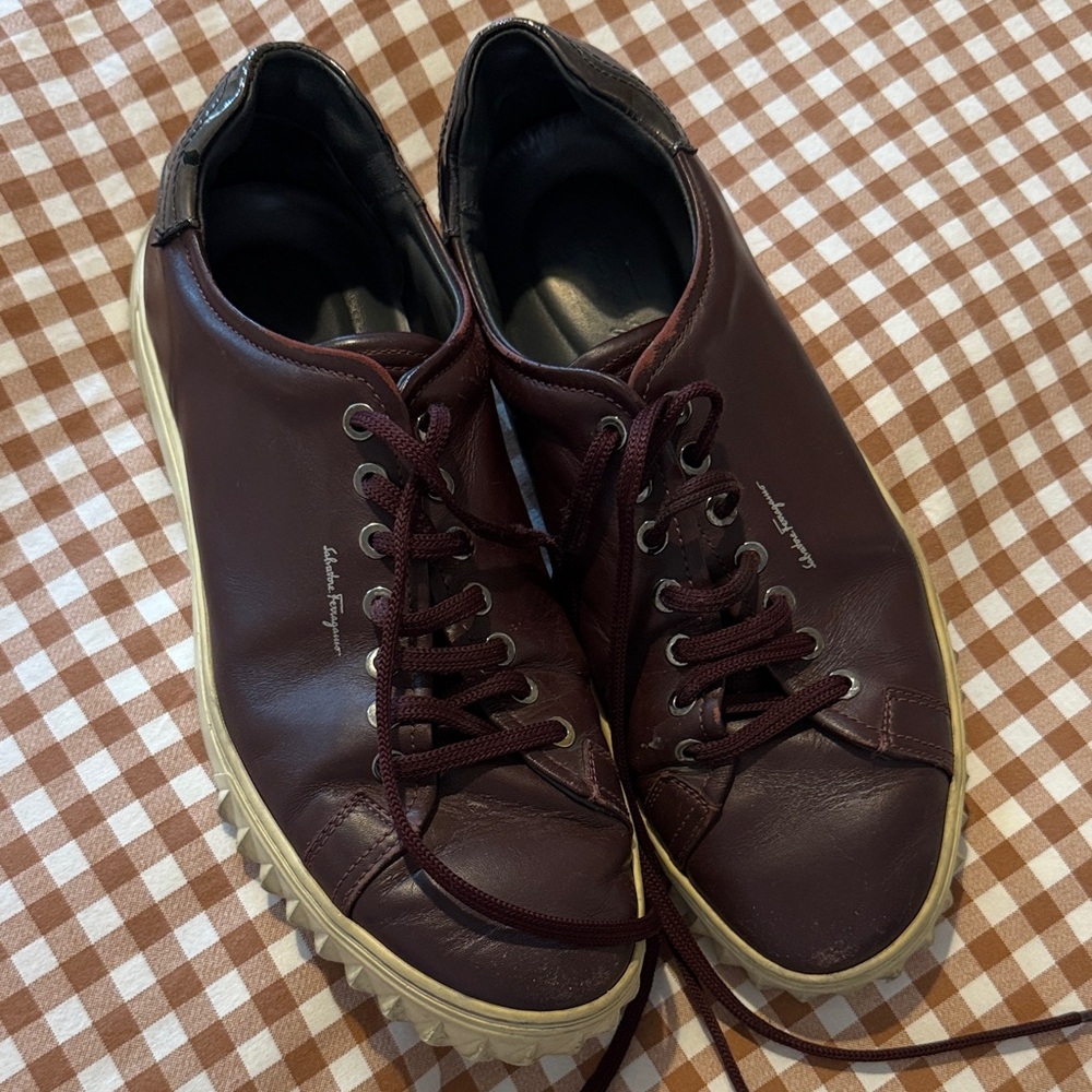Salvatore Ferragamo Men's Burgundy Leather Lace-Up Sneakers